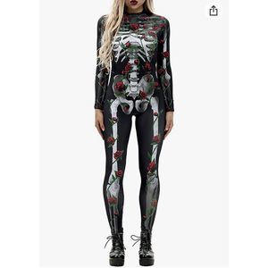 Halloween/Dia de L’os Muertos Black and Red Skeleton Rose Bodysuit